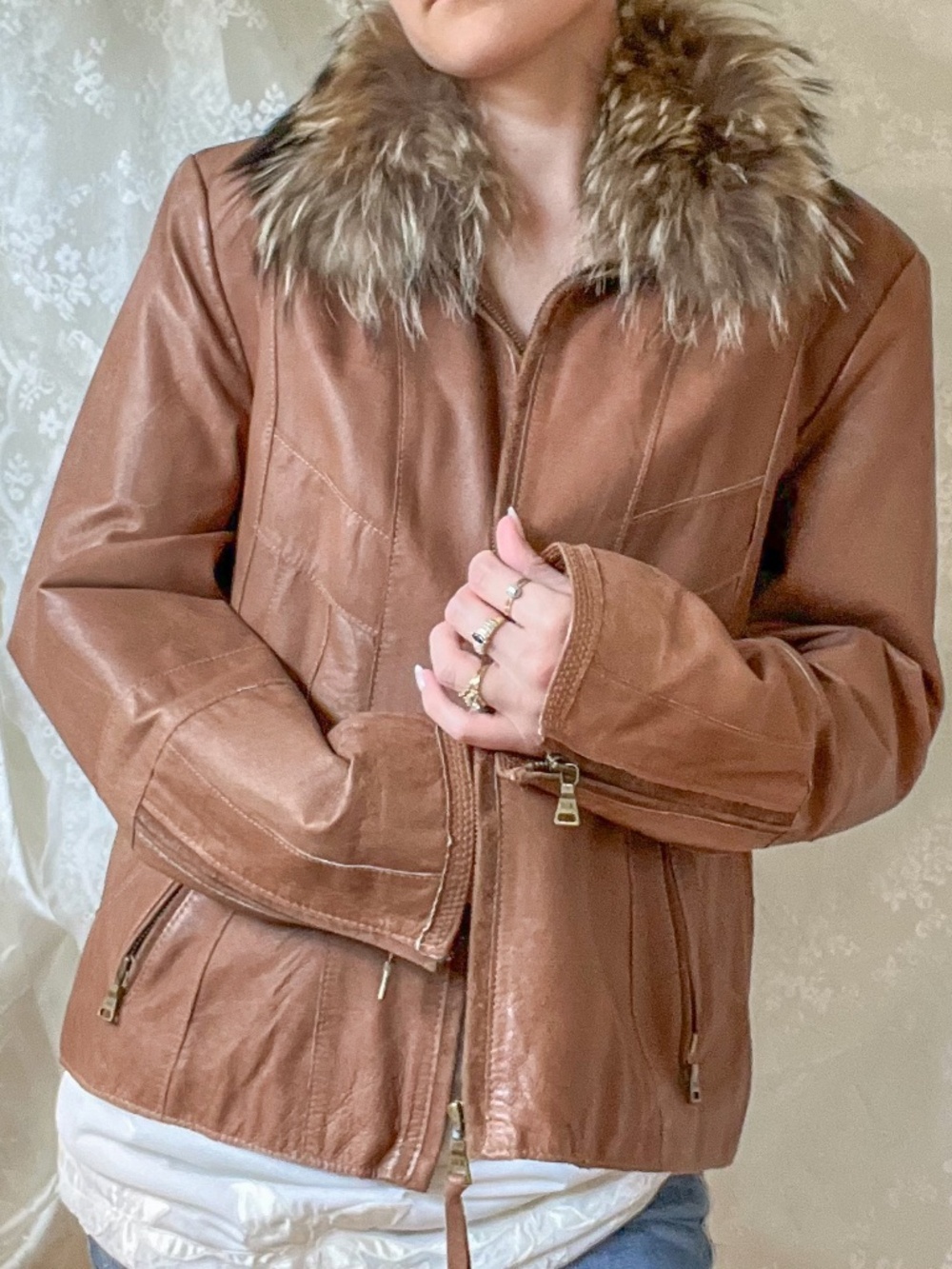 Brown Genuine Leather Jacket with Real Raccoon Fur Collar